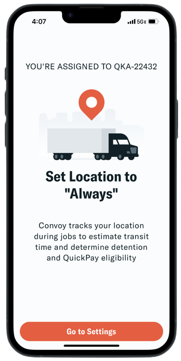 Convoy app prompting enablement of location services