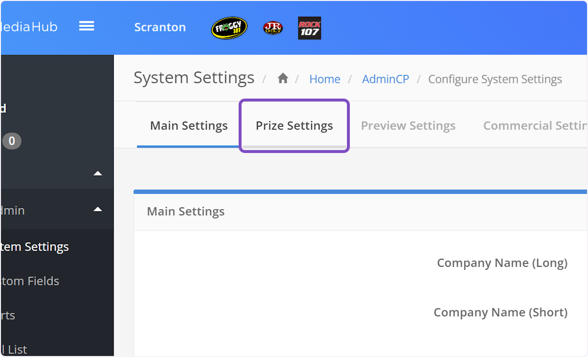 Click on Prize Settings