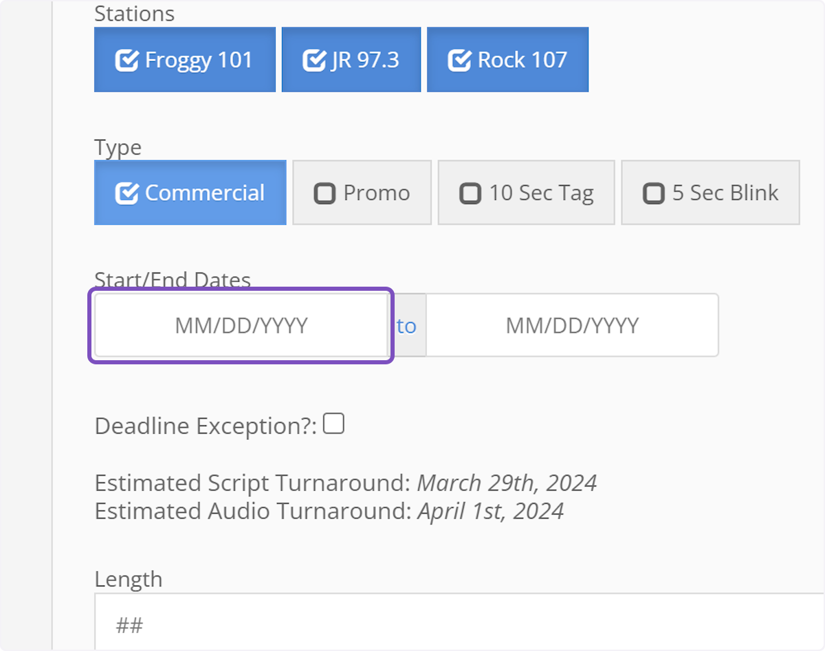 Click here to select the start date of the order.