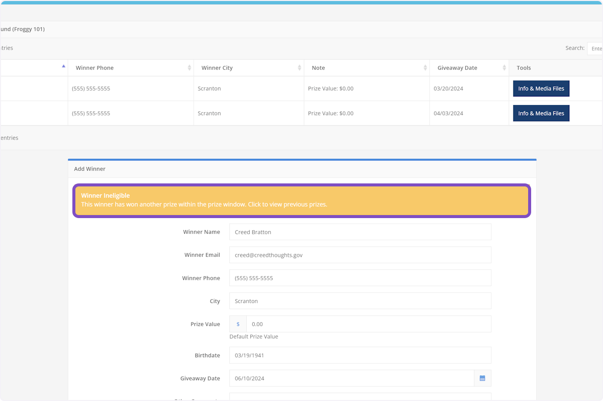 If you see a yellow bar across the top, that indicates that the winner has won within your prize rule window.