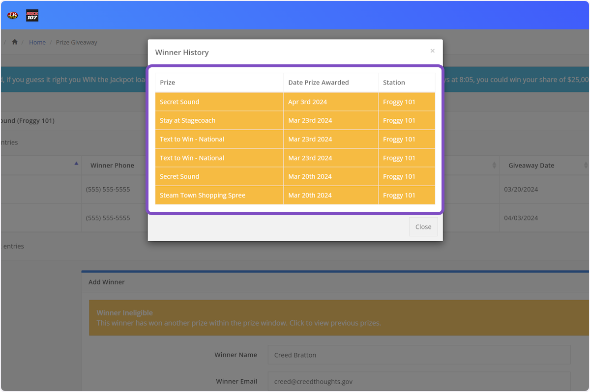 The winner's prize history will pop up. Any prizes highlighted in yellow are prizes that are within your prize window rule.