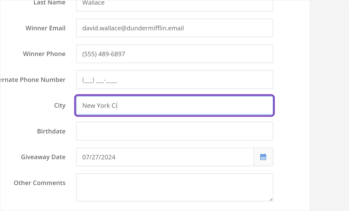 Enter the winner's city of residence.