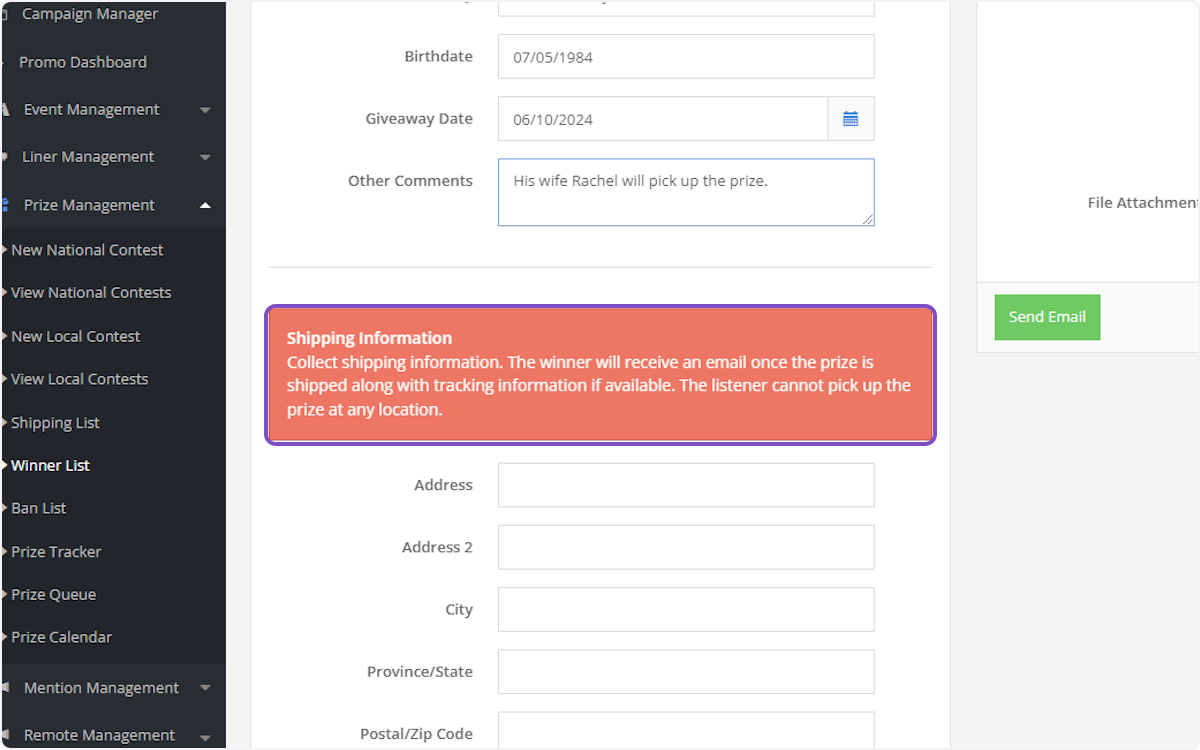 If the prize is being shipped to a winner, you'll be asked to enter a shipping address.