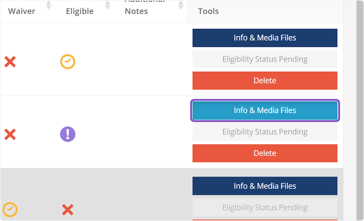Locate the contest win you'd like to adjust the giveaway date for and click on Info & Media Files