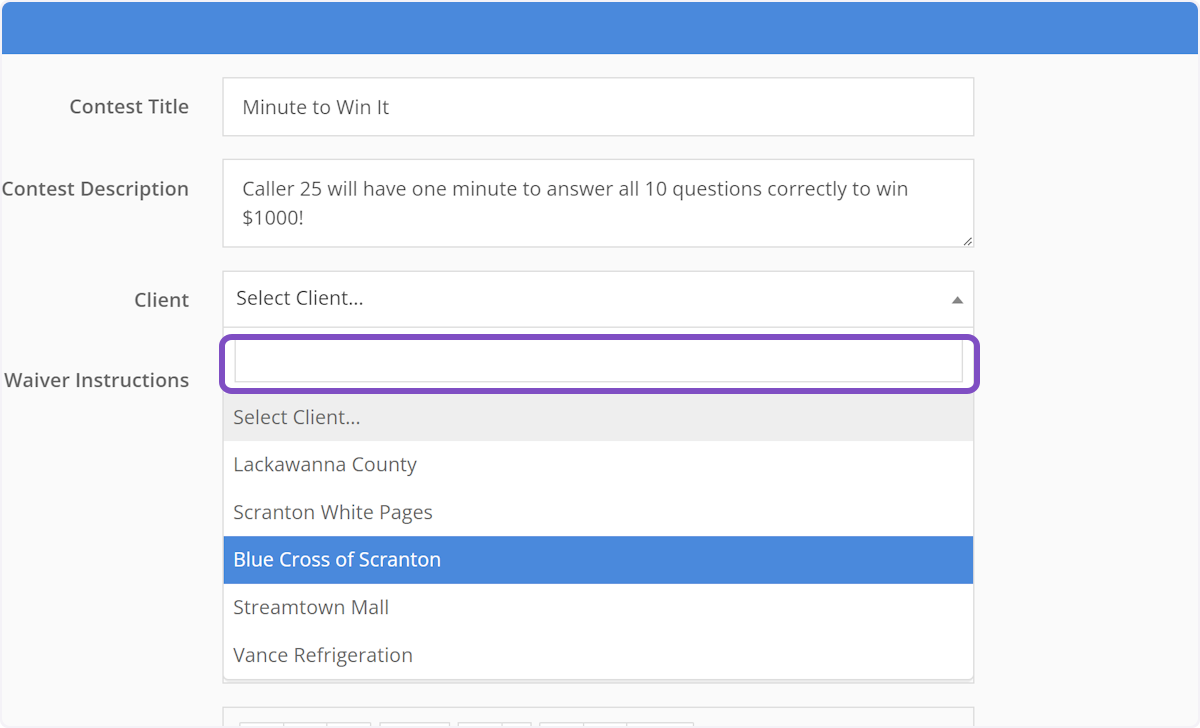 You can also search the dropdown by typing the client's name in the field provided.