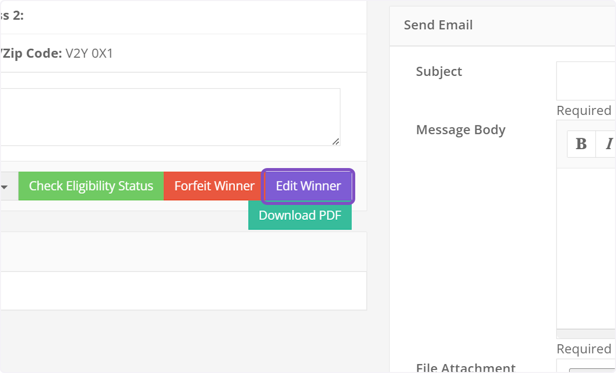 On the contest win profile, click on Edit Winner