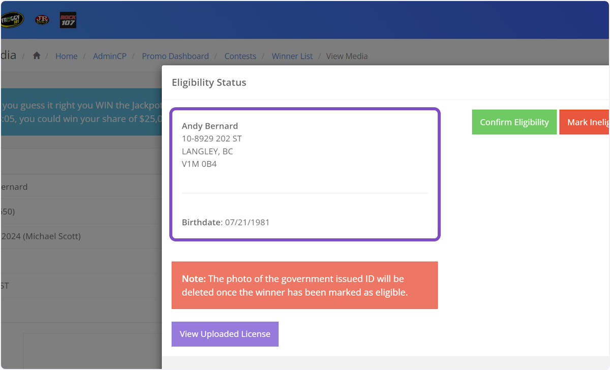 On the pop-up screen, you'll see the winner's address and any other fields you required them to fill out on the eligibility form.