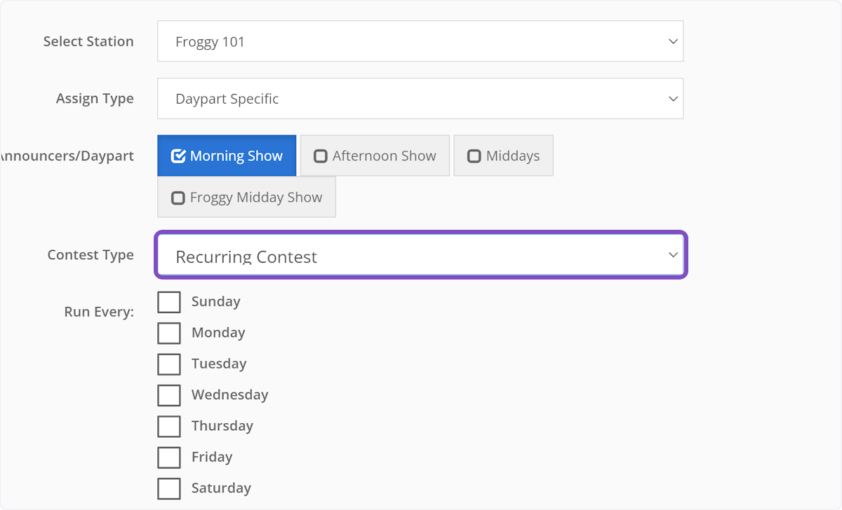 If you select Recurring Contest, select the days of the week for this contest.