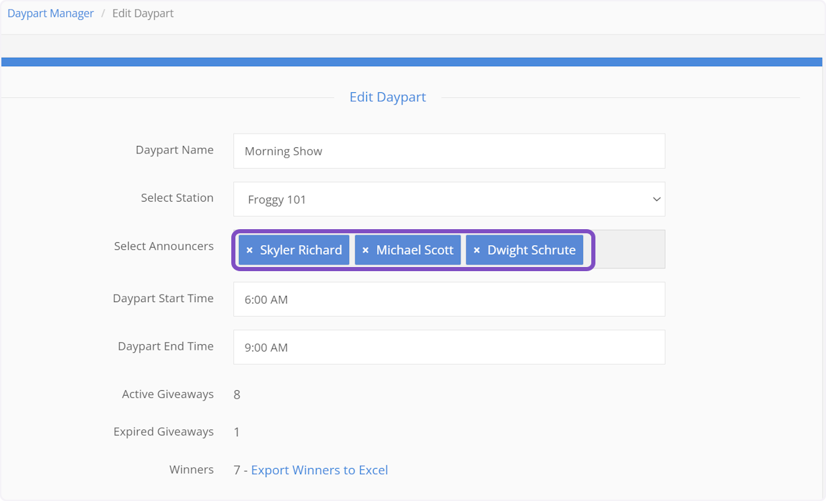 You'll now see the new user listed in the Select Announcers field.