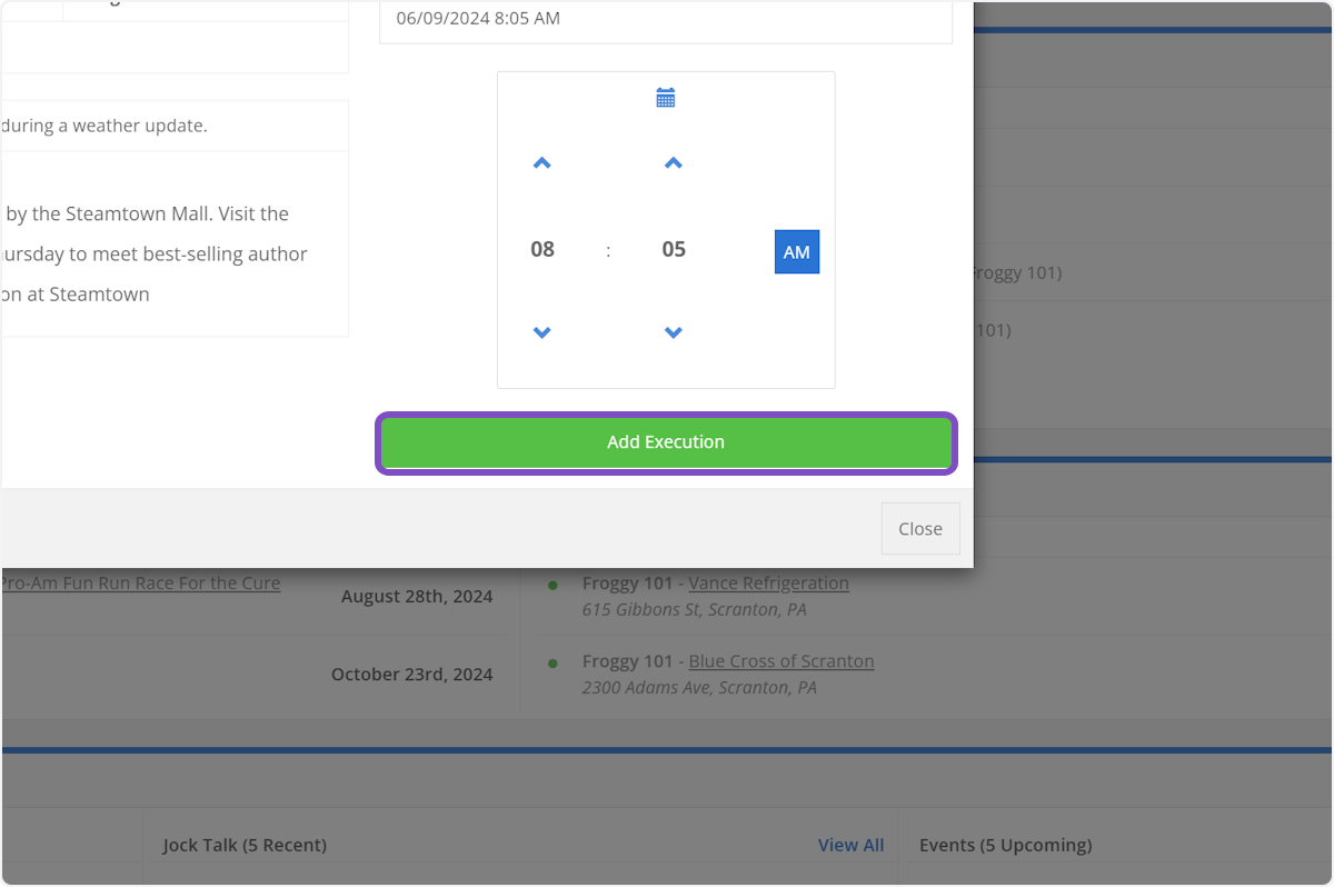 Click on Add Execution and SPARC will log the date and time you entered.