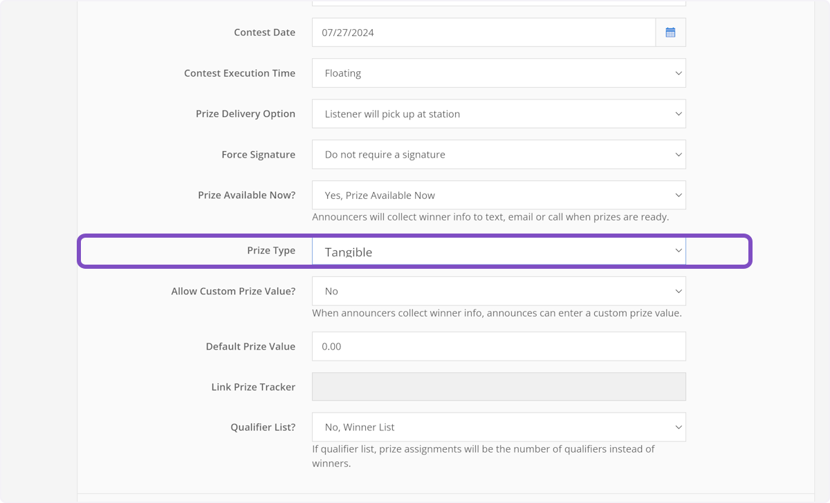 If you need to separate cash prizes from tangible prizes select