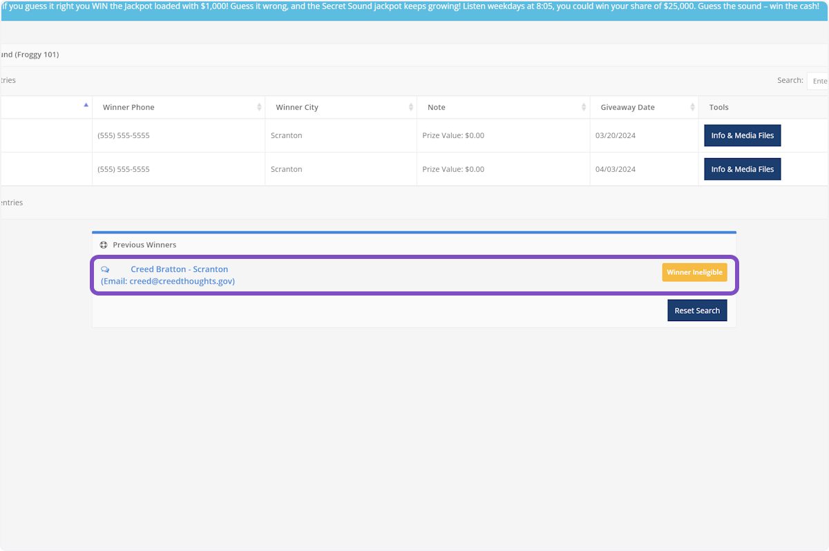 If the number entered matches any results in your winner database, they will be displayed here. Click on the name of the person you'd like to add as a winner.