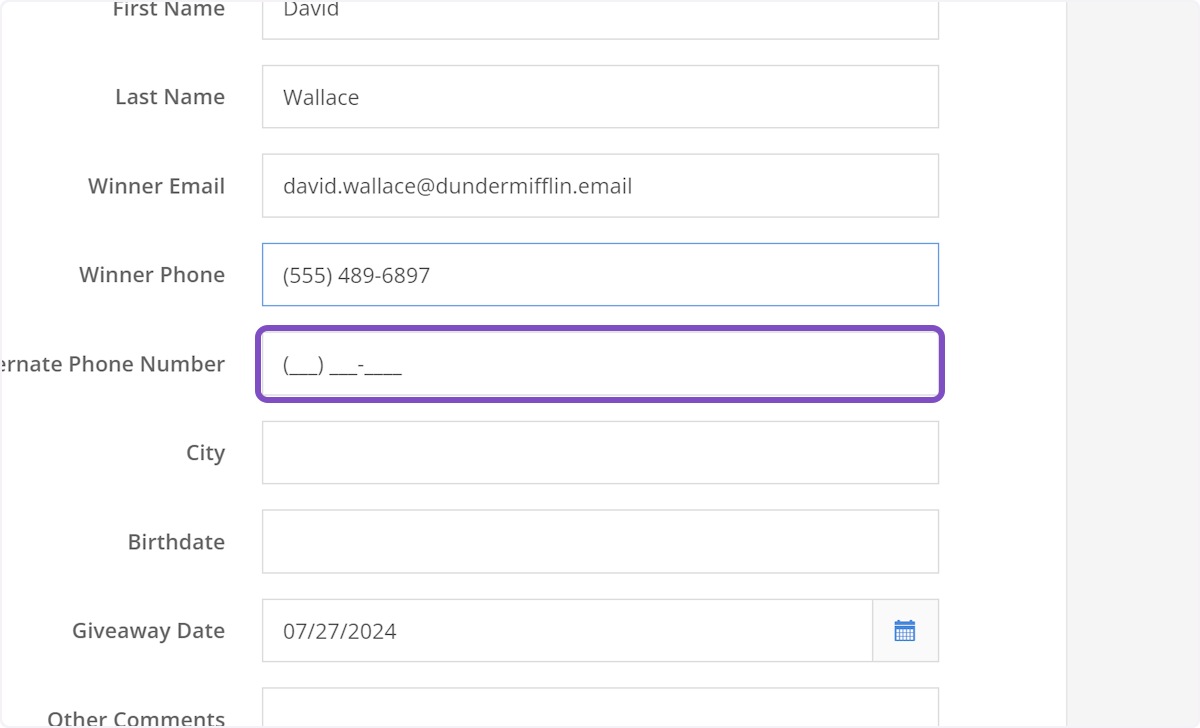 If your winner has another phone number they'd like on file, enter it here.