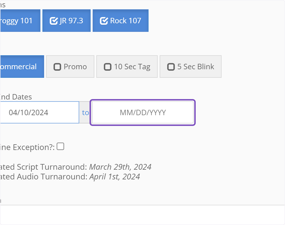 Click here to select the end date of the order.