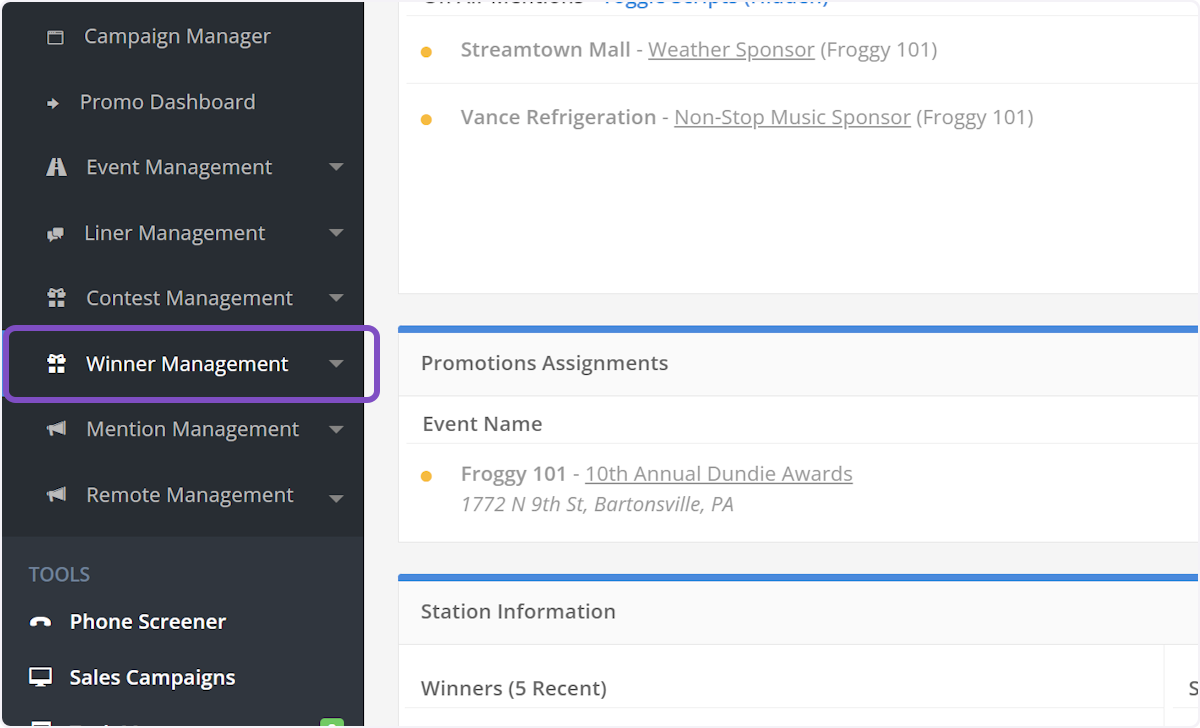 Click on Winner Management