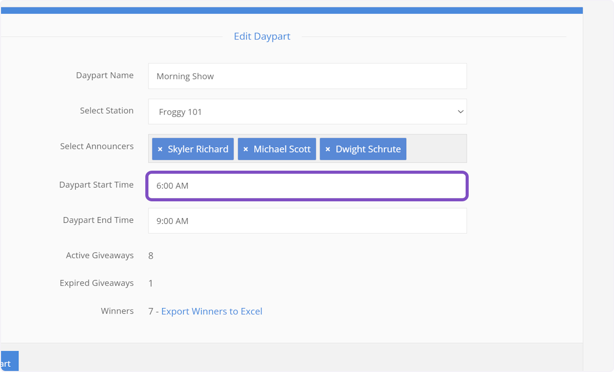 Let's also change the start time of the daypart.
