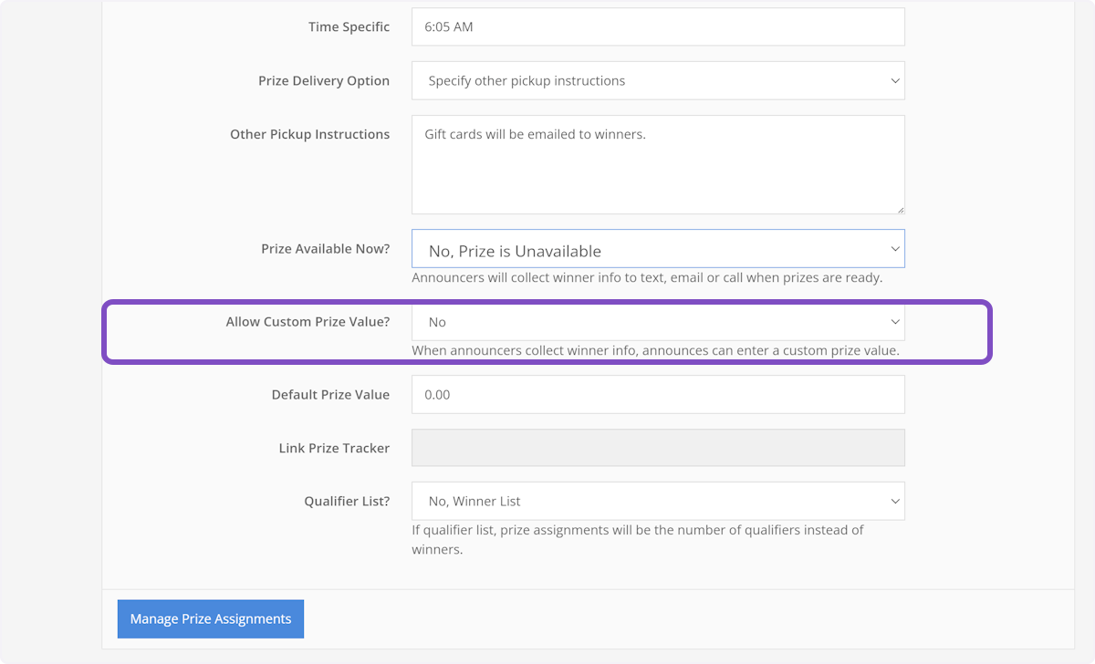 Allow Custom Prize Value