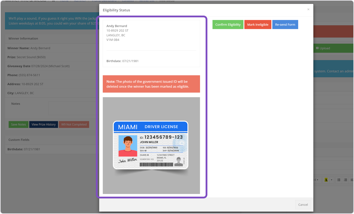 You will then see the photo of the ID and the winner's information.