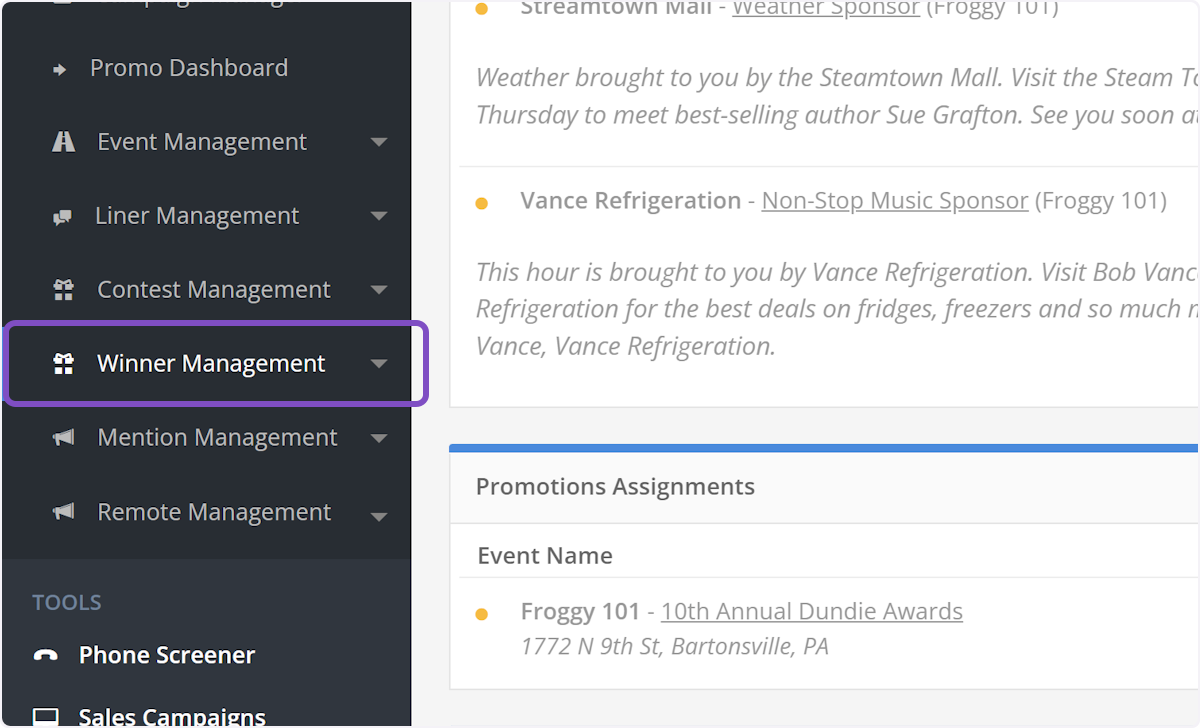 Click on Winner Management