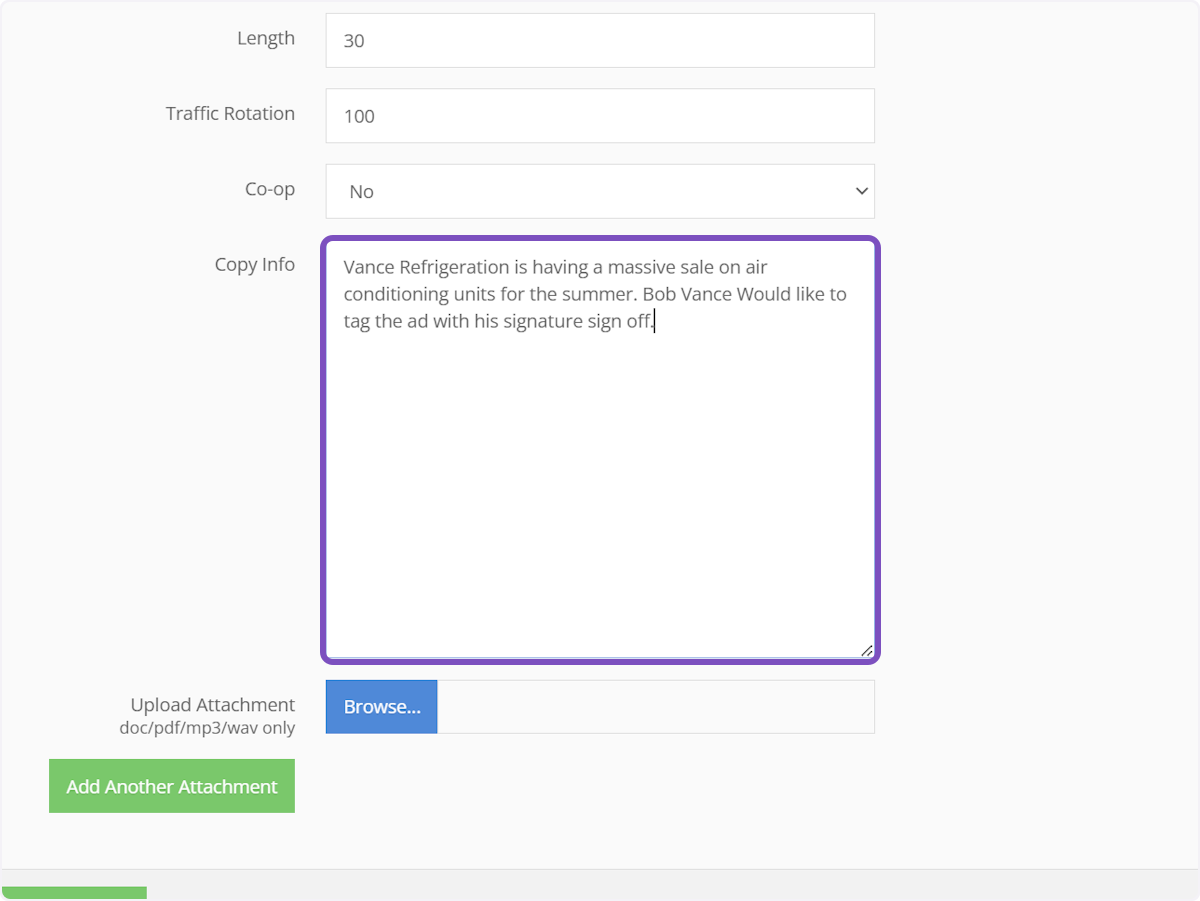 Enter the talking points/copy info in this field