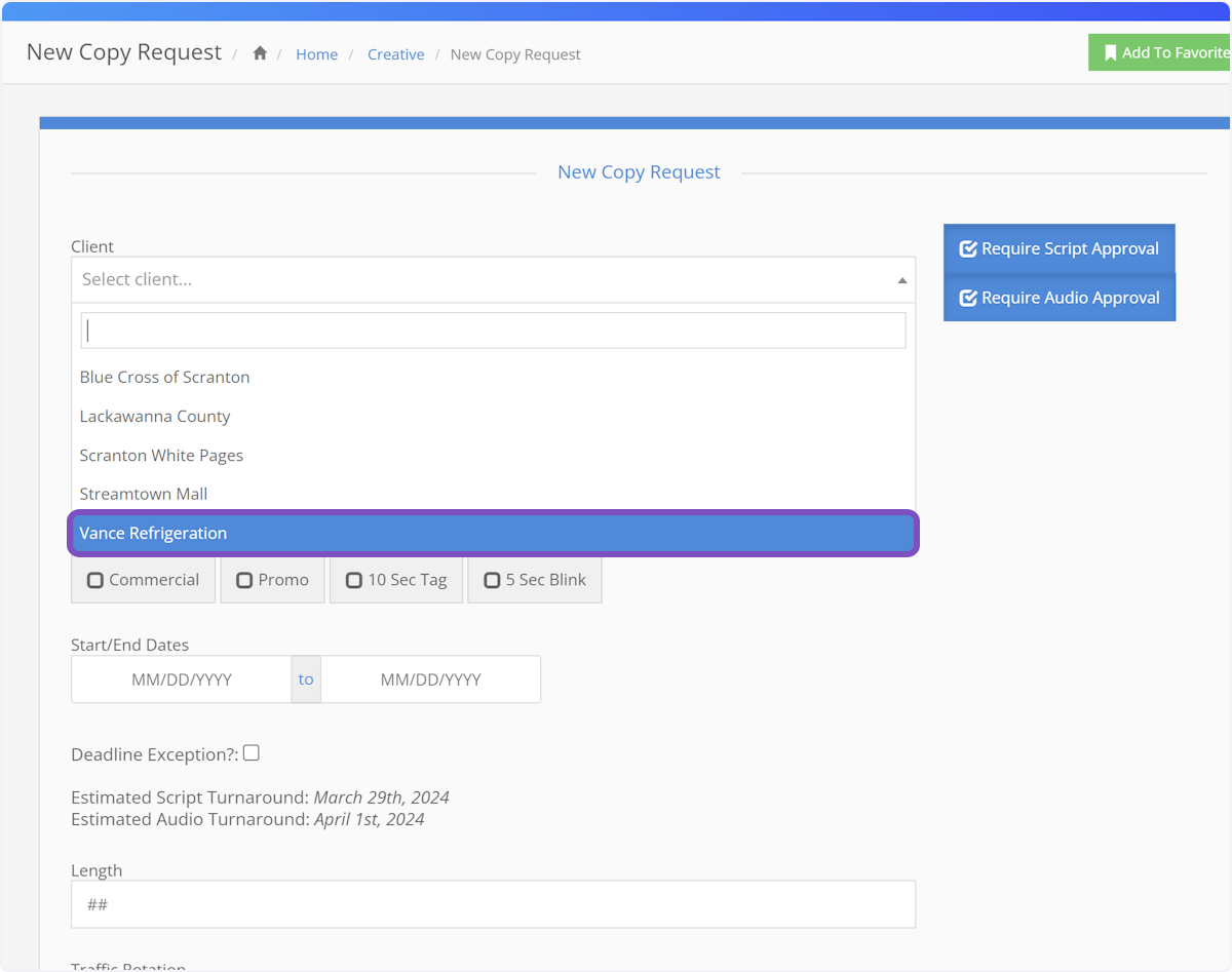 Select your client from the dropdown
