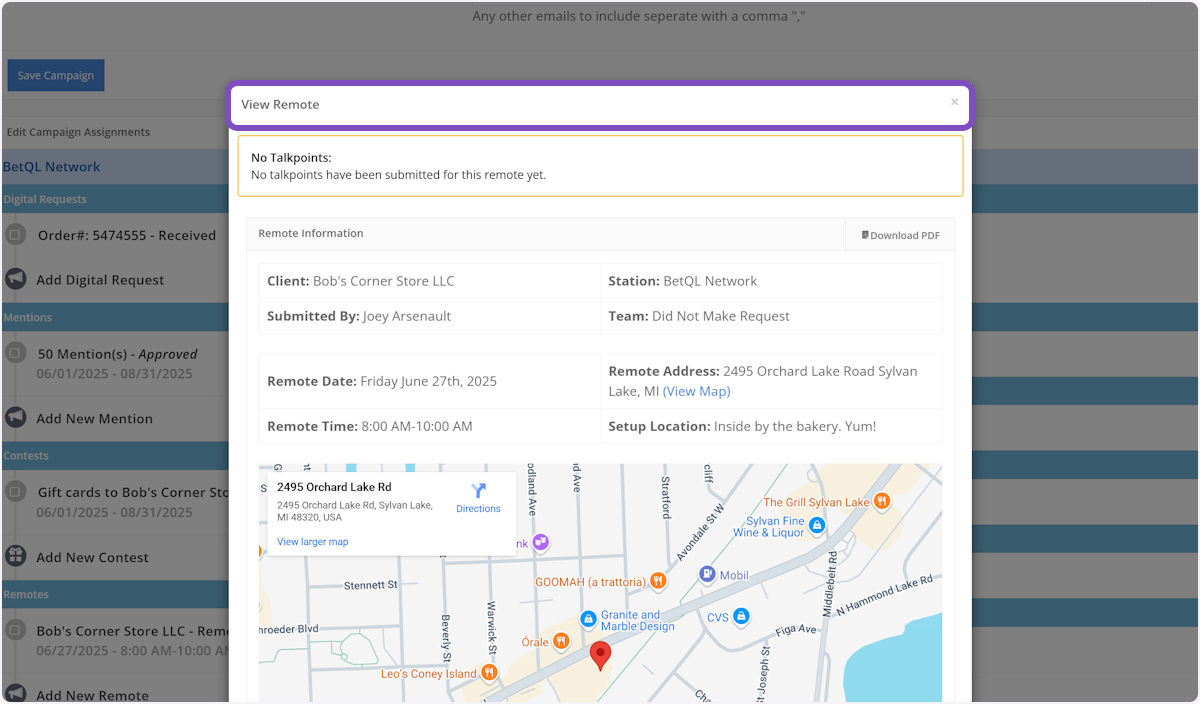 Click on View Remote No Talkpoints: Remote Information Client: Station: Submitted By: Team: Remote Date: Remote Address: (View Map) Remote Time: Setup Location: pug checks #my-map-display .text-marker{max-width:none!important;background:none!important;}img{max-width:none} …