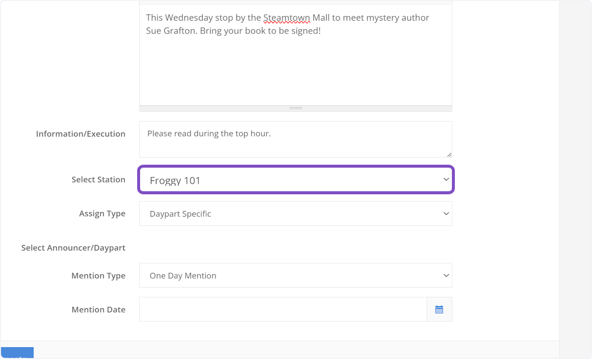Select the station this mention will be airing