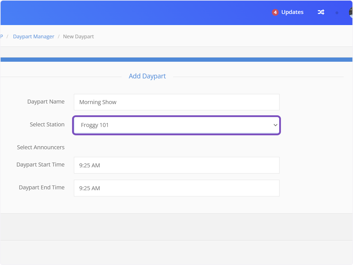 Select the station this daypart will be assigned to