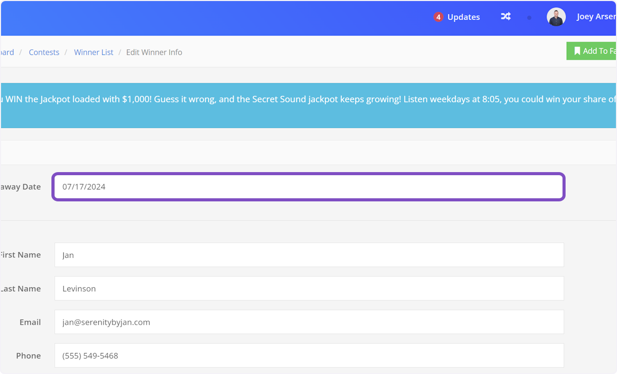 Click anywhere in the Giveaway Date field to edit the date