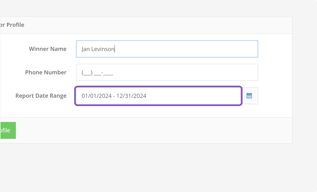Select the dates you'd like to search the winner's prize history. It will default to the full calendar year