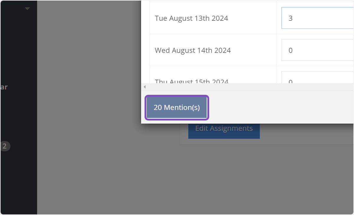 In the bottom left-hand corner you'll see the total of mentions scheduled for the duration of your dates so far