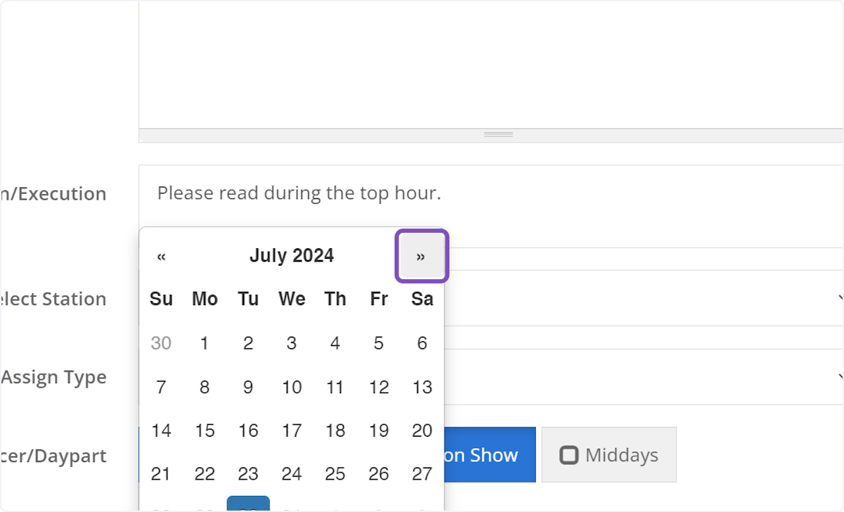 Use the left and right arrows to move between months on the calendar widget
