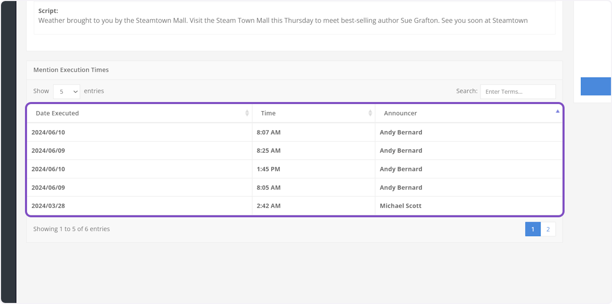 All previous mention executions will be listed on the left-hand side.