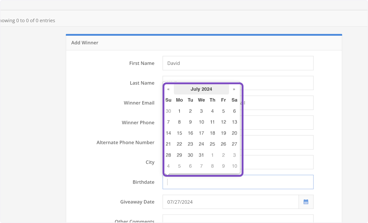 Next add the winner's birthdate by using the built-in calendar.