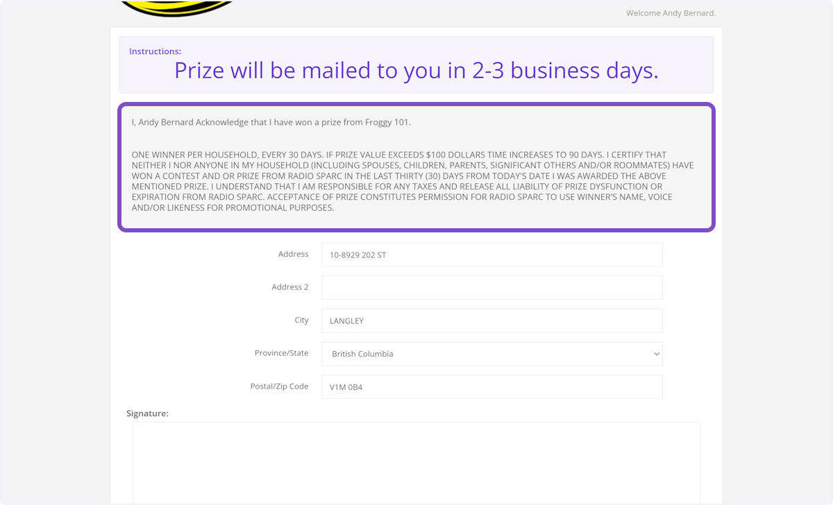 On the next screen, the winner will see your winner release form/waiver.