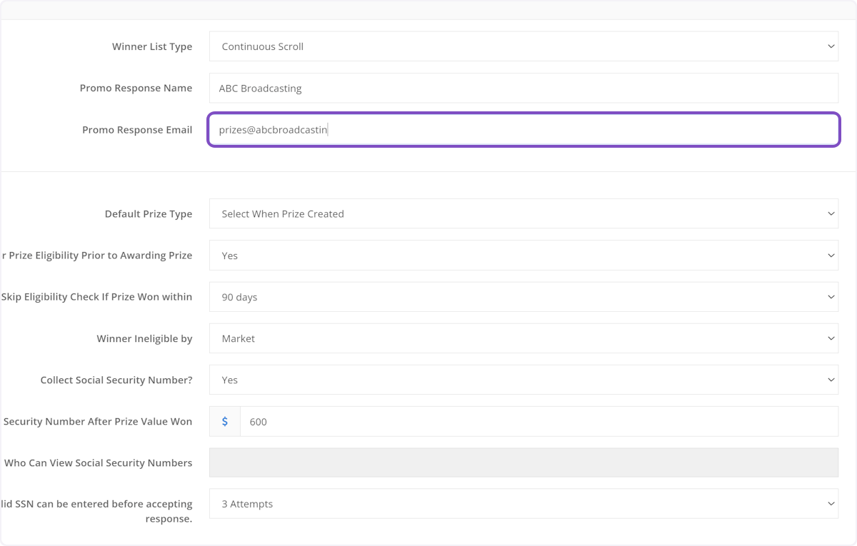 Then enter the email address that you would like any replies from winners to be forwarded to