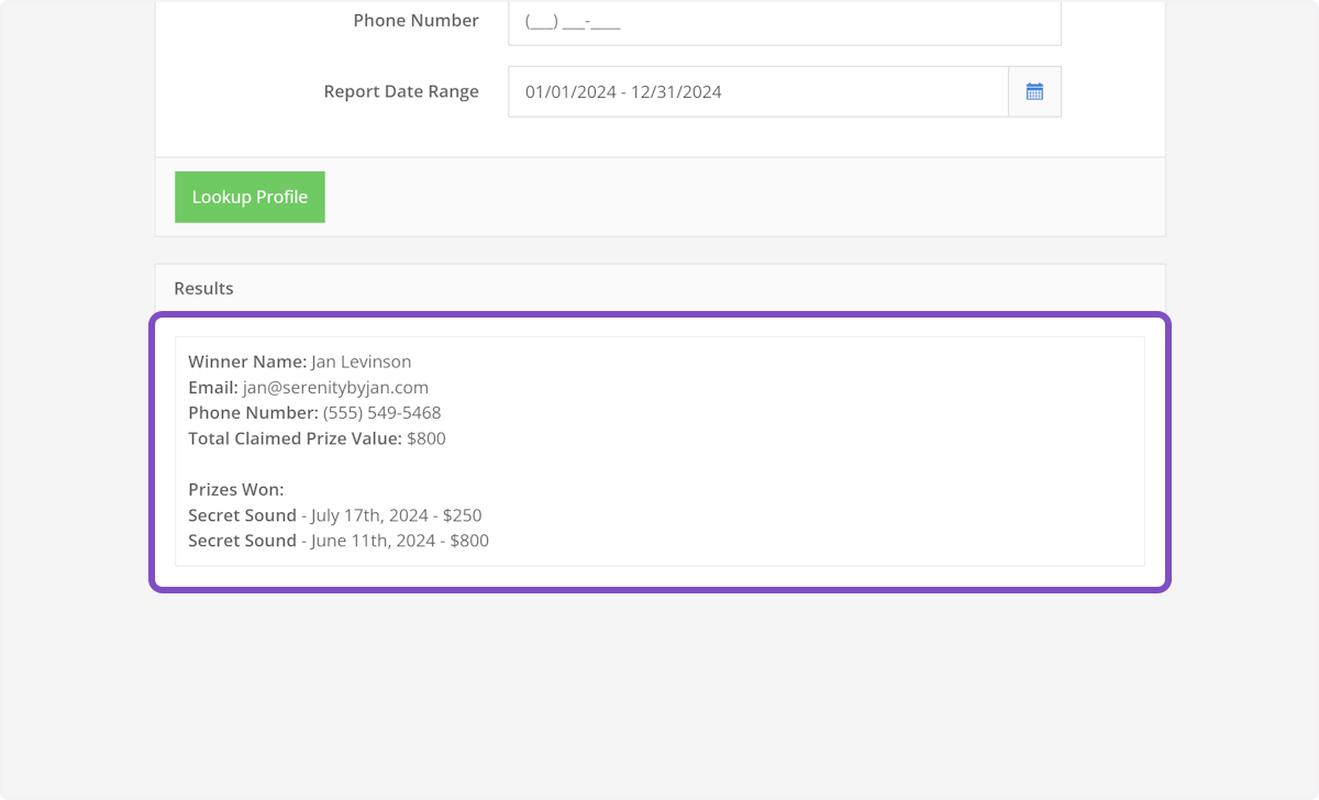 This display the winner's information with their prize history.