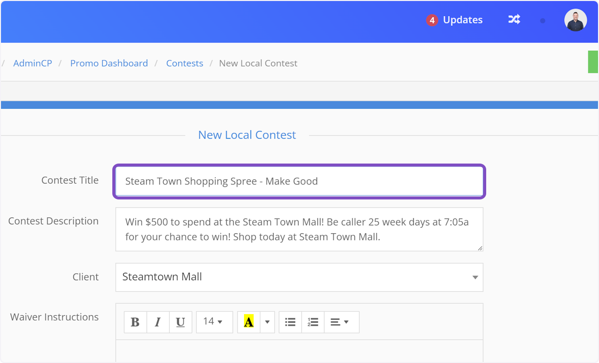 This will create an identical copy of the existing contest. Rename the contest like