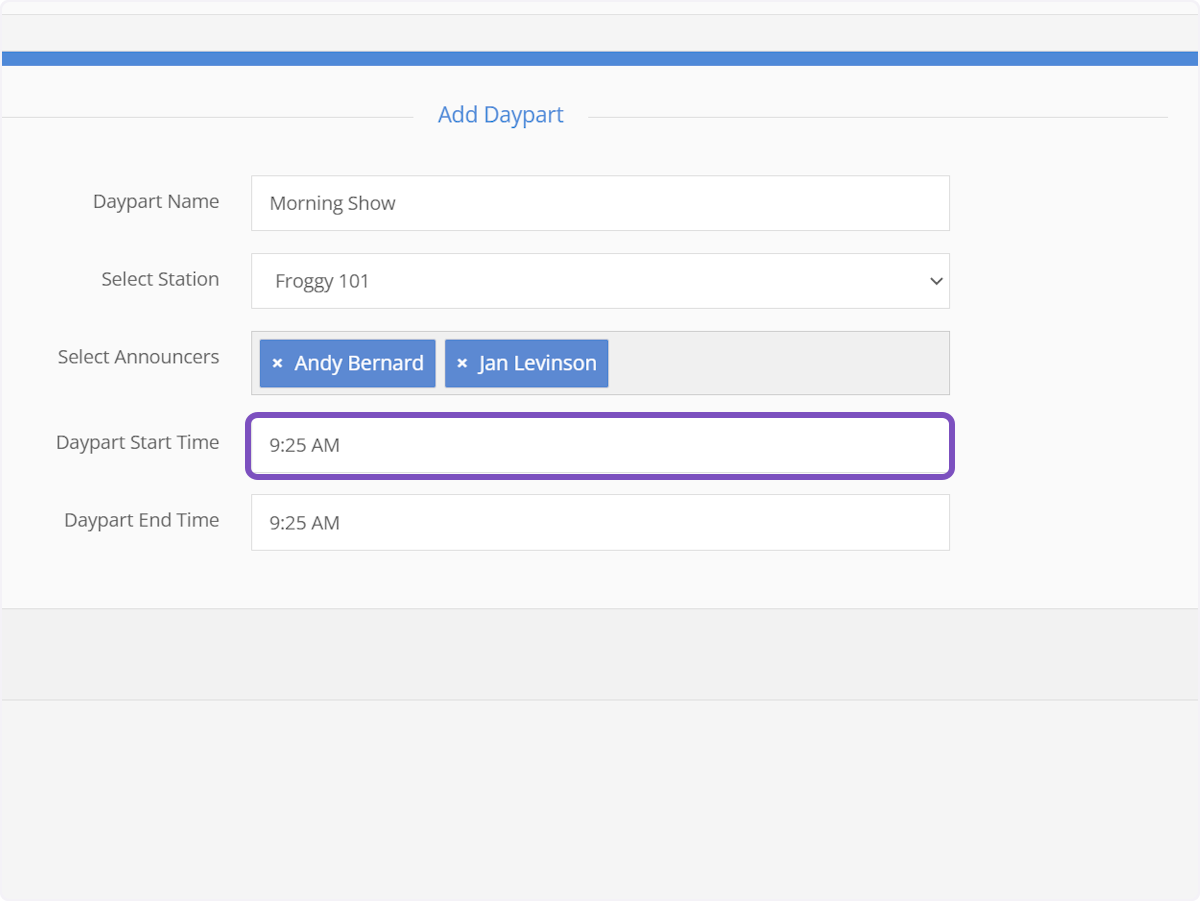 Click on Daypart Start Time