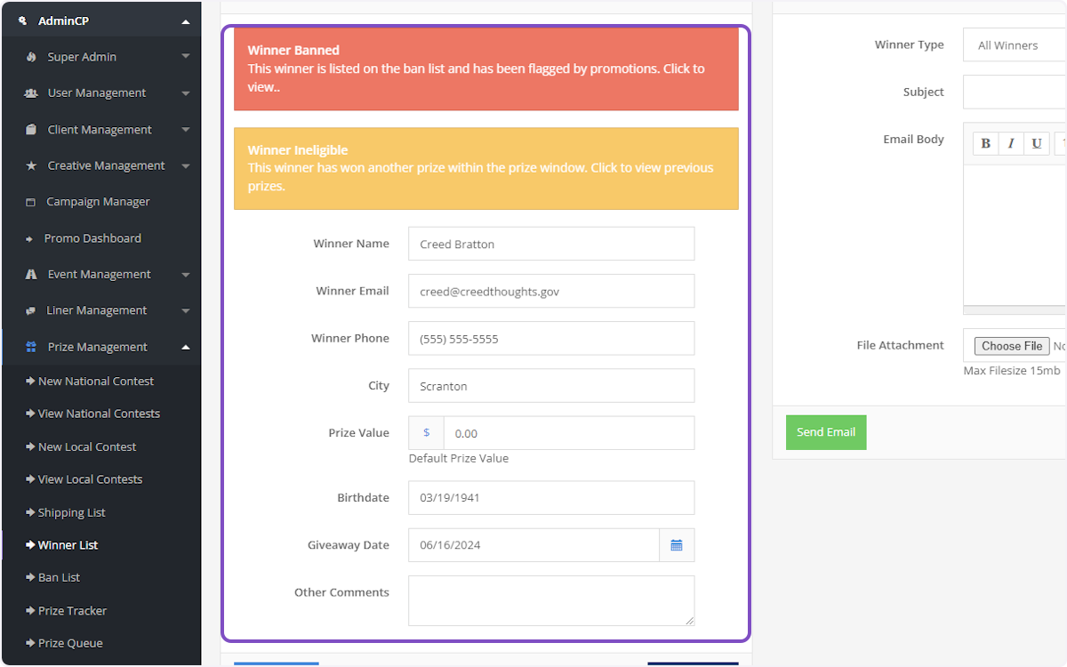 If the number entered matches any results in your winner database, SPARC will auto-populate any existing information previously entered for that person.