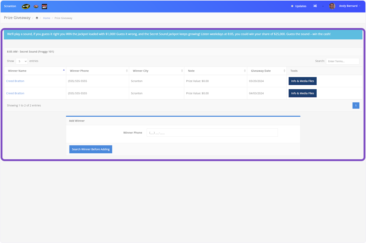 This will show you a screen with all the past winners and is where you can add a new winner to the contest.