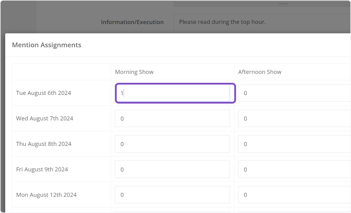 Starting with the first field, start assigning each day for each daypart.