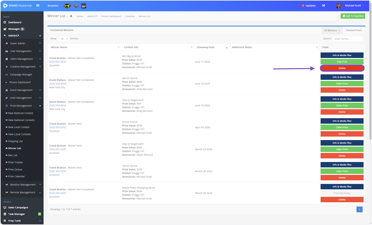 Click on Delete on the left-hand side of a contest win line.