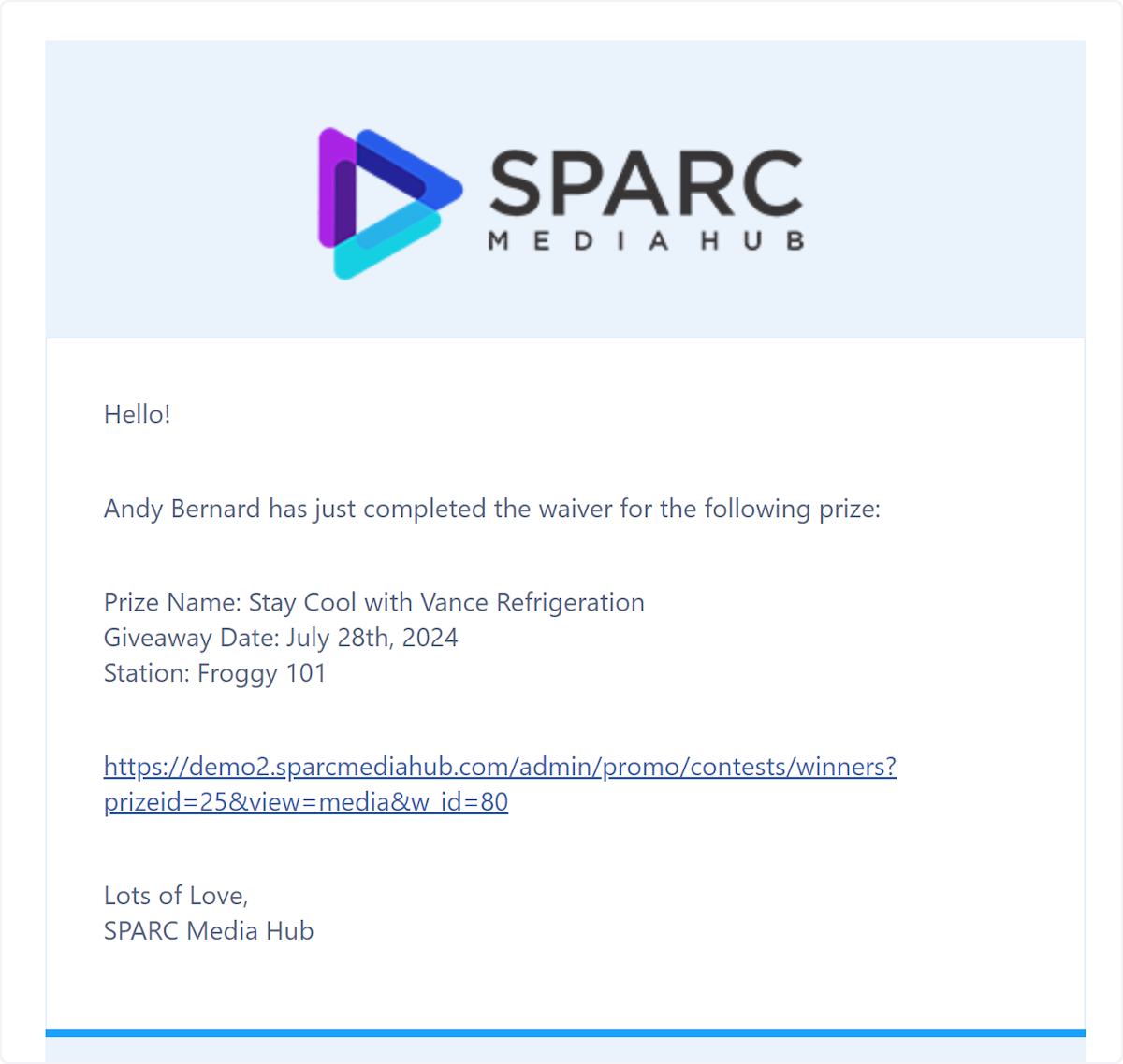 You should receive an email notifying you that a winner has completed their release form/waiver. It will give some information about the winner and a direct link to their contest win profile.