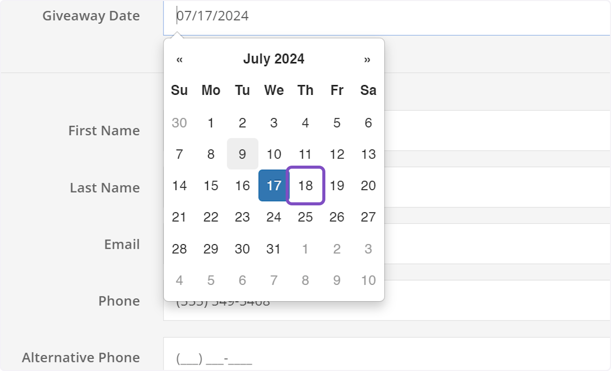 Use the calendar widget to pick the date