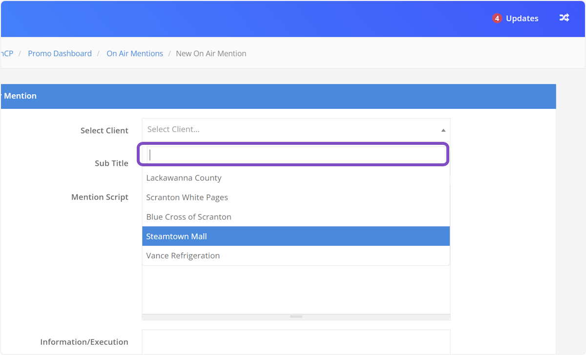You can also search within the dropdown. Click on the client for this mention/liner.