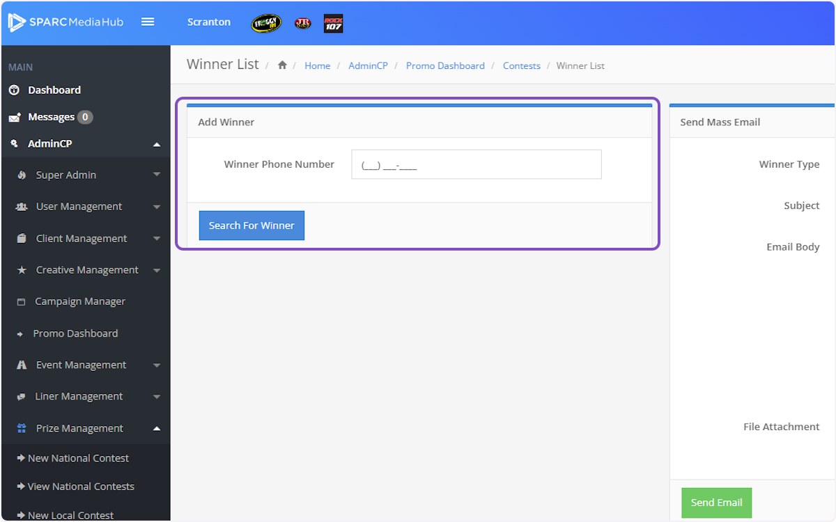 In the top left-hand corner of this page, you will see a Add Winner section.