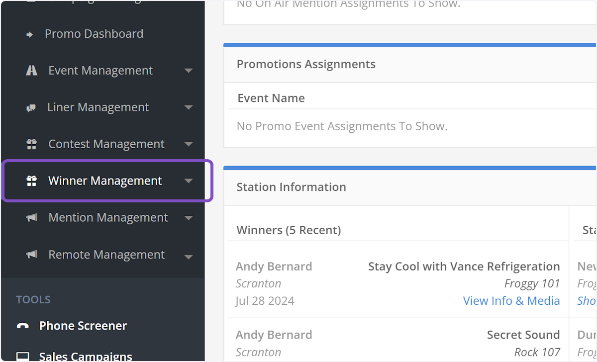 Click on Winner Management