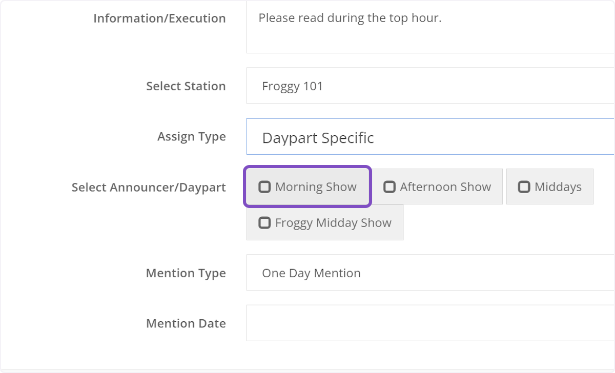 Next select your daypart