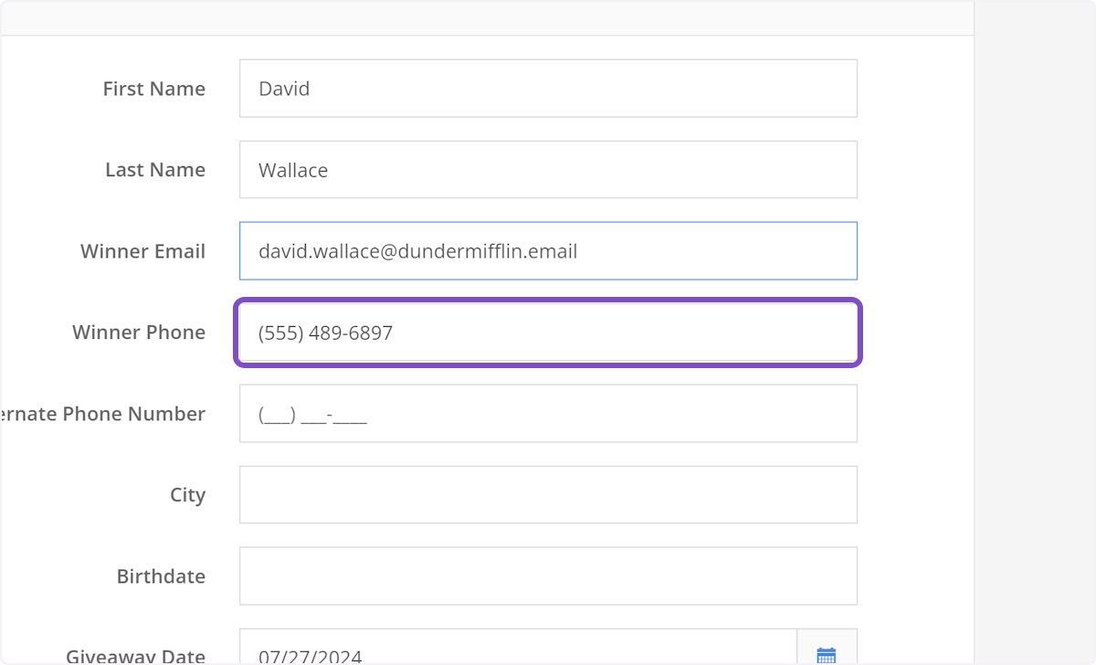 The winner's phone number will auto-populate but you can edit this if needed.